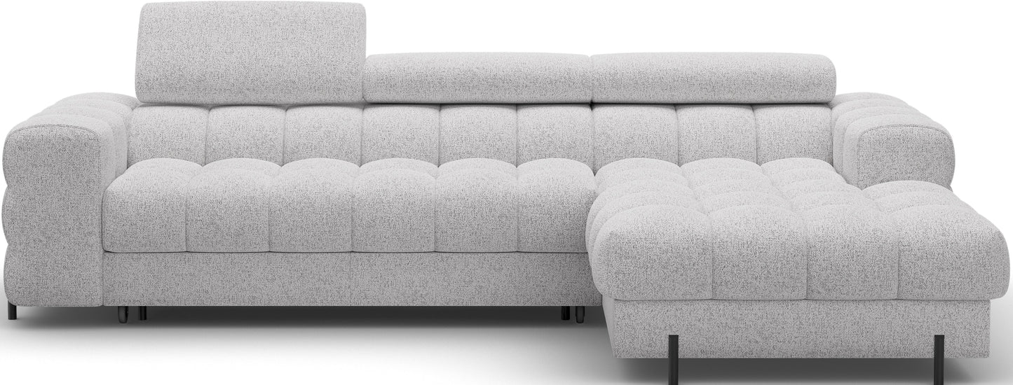 Narożnik Felro w tkaninie Pellerito 03 w jasnoszarej barwie, ustawiony na wprost, minimalistyczny design z funkcją spania i pojemnikiem na pościel, doskonały do nowoczesnych wnętrz.