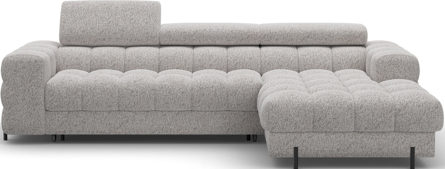 Narożnik Felro w tkaninie Pellerito 20 ciemnobeżowy, nowoczesny design, funkcja spania i pojemnik na pościel, eleganckie metalowe nogi.