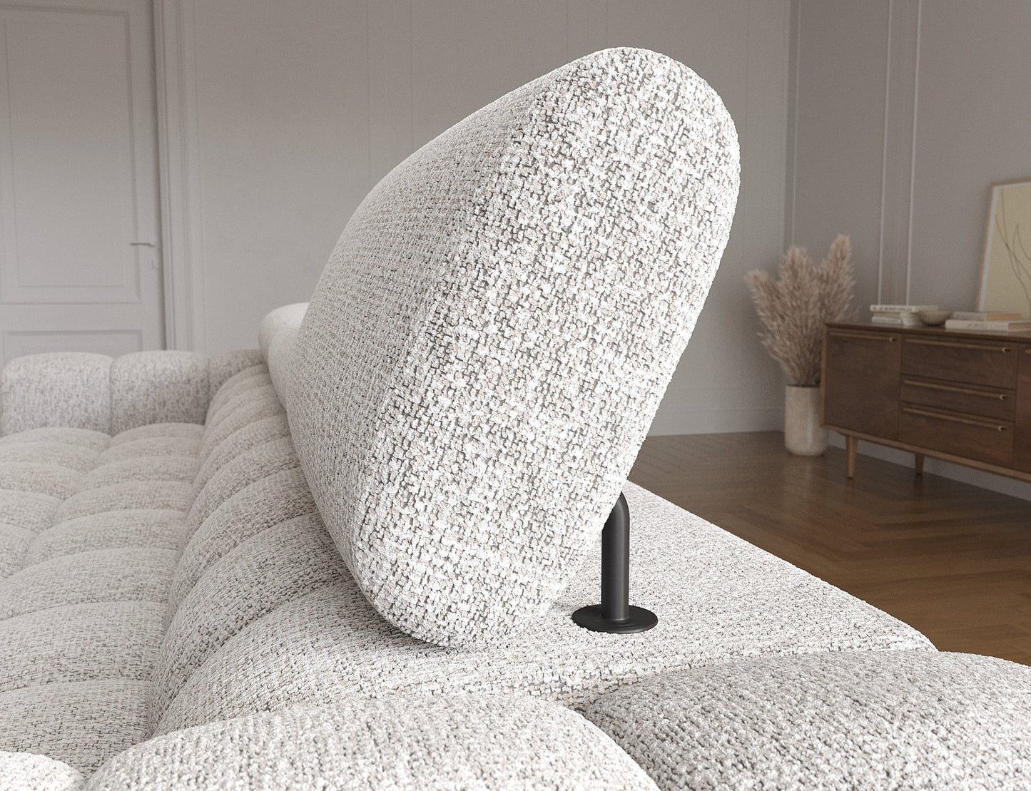 Ruchomy zagłówek narożnika Felro w tkaninie Pellerito 20 ciemnobeżowy, zapewniający komfort i możliwość dostosowania do indywidualnych potrzeb użytkownika.