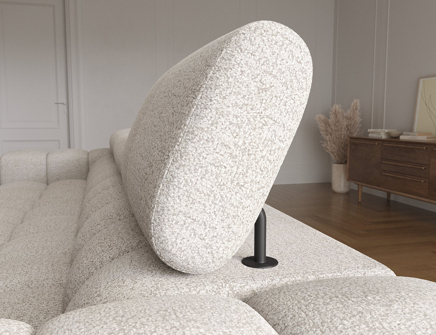 Ruchomy zagłówek narożnika Felro, ergonomiczne wsparcie dla głowy i karku, zapewniające komfortowy odpoczynek.