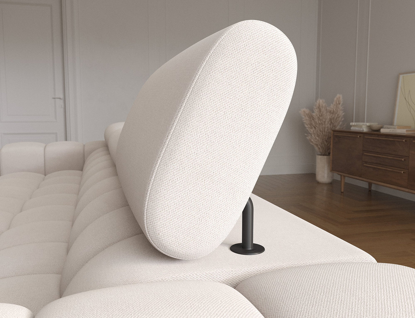 Ruchomy zagłówek narożnika Felro, zapewniający optymalne wsparcie dla głowy i karku, gwarantujący maksymalną wygodę.