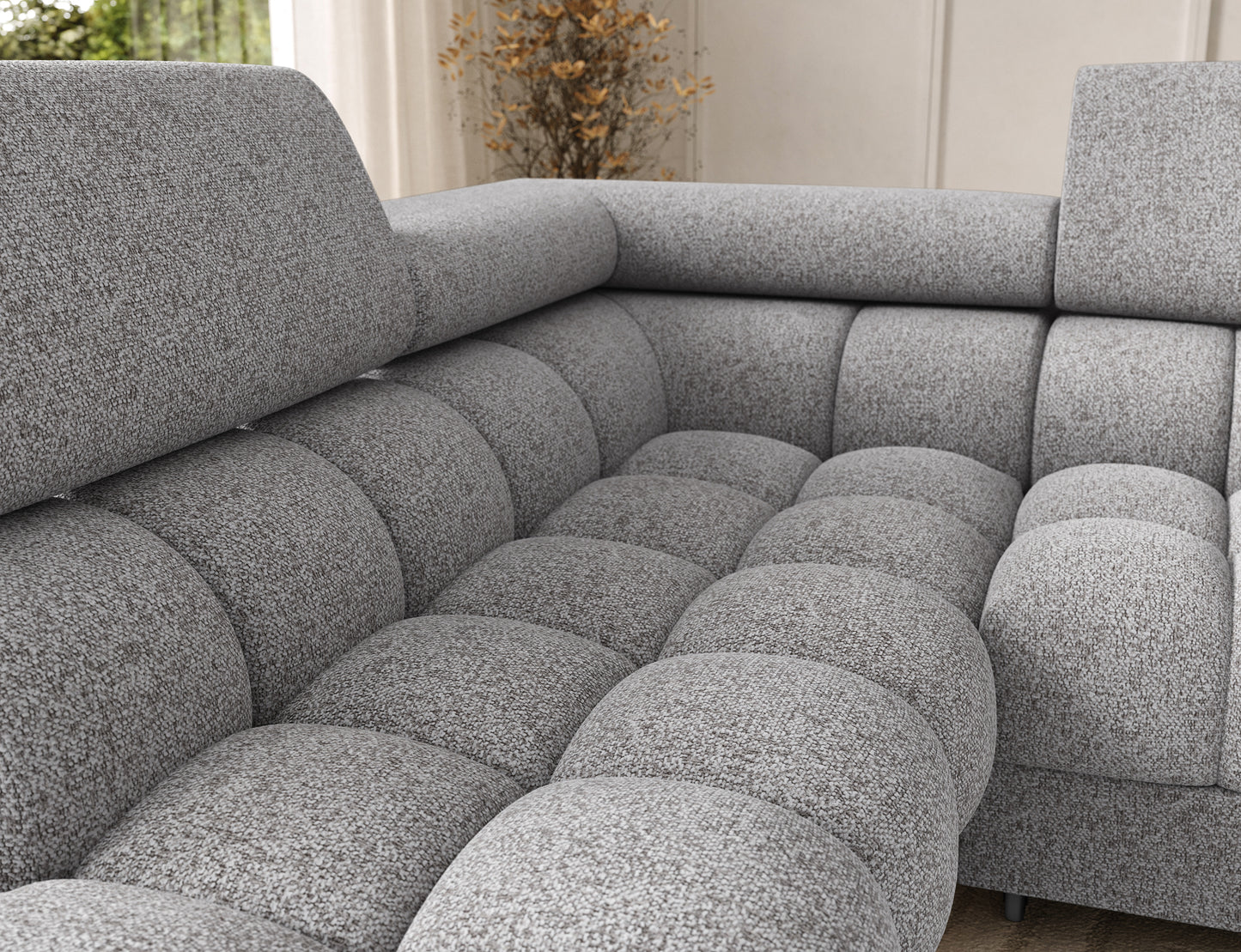 Siedzisko narożnika Feraria lewy Pellerito 03 jasnoszary – miękkie, głębokie pikowania podkreślające elegancję i wygodę.