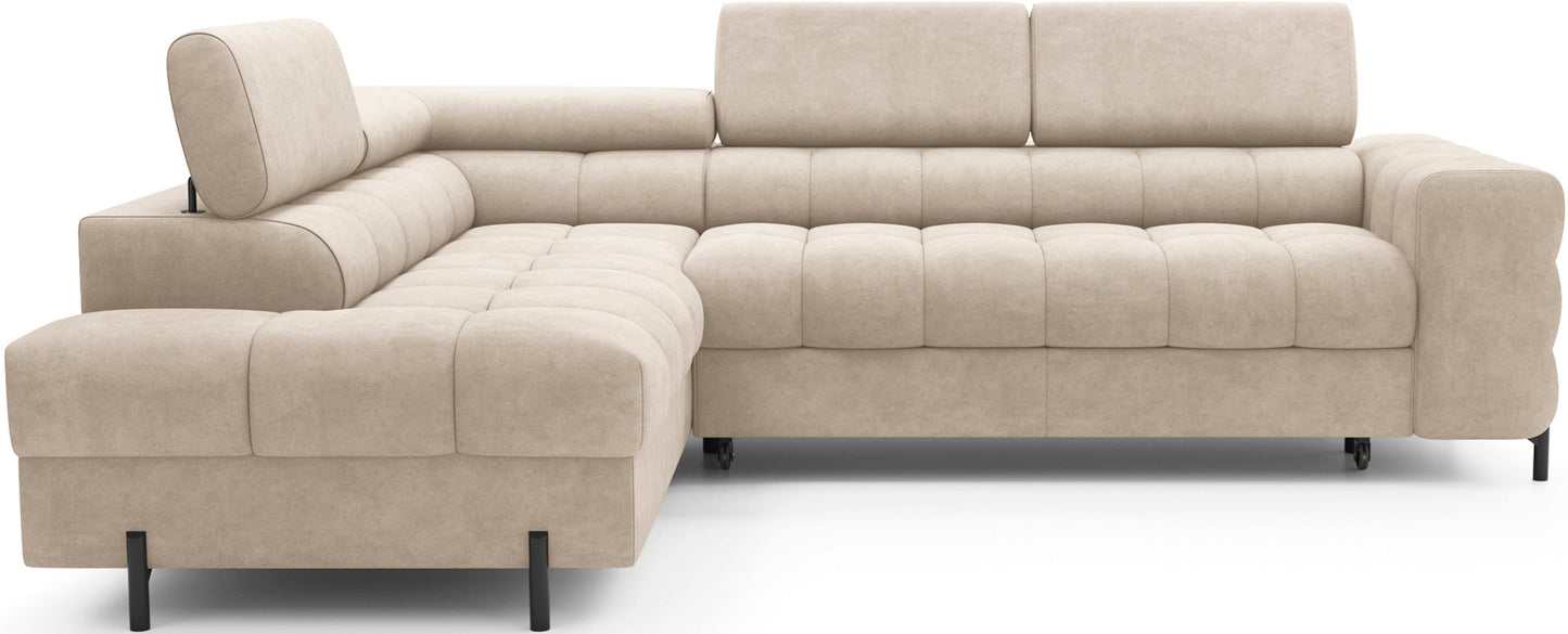 Nowoczesny narożnik Ferucce w jasnym odcieniu kremowym Aura 18 to połączenie funkcjonalności, komfortu i eleganckiego designu.