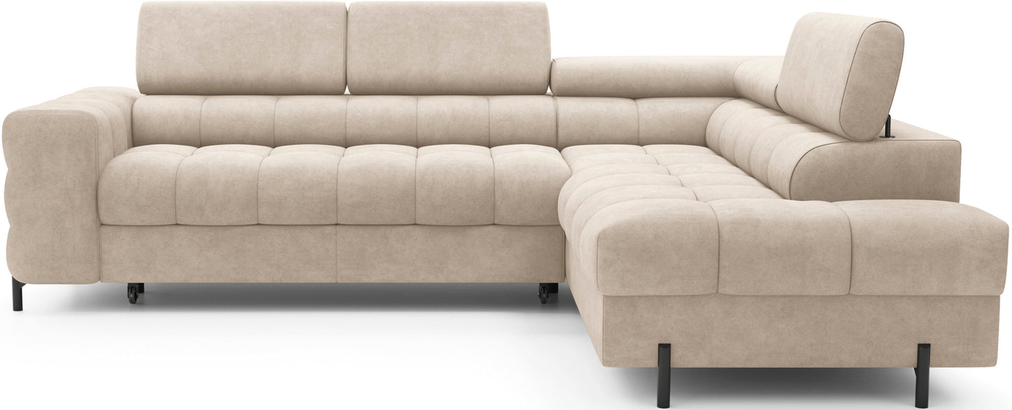 Narożnik Ferucce w tkaninie Aura 18 w odcieniu kremowym to kwintesencja elegancji i komfortu – nowoczesny design spotyka się tu z funkcjonalnością.