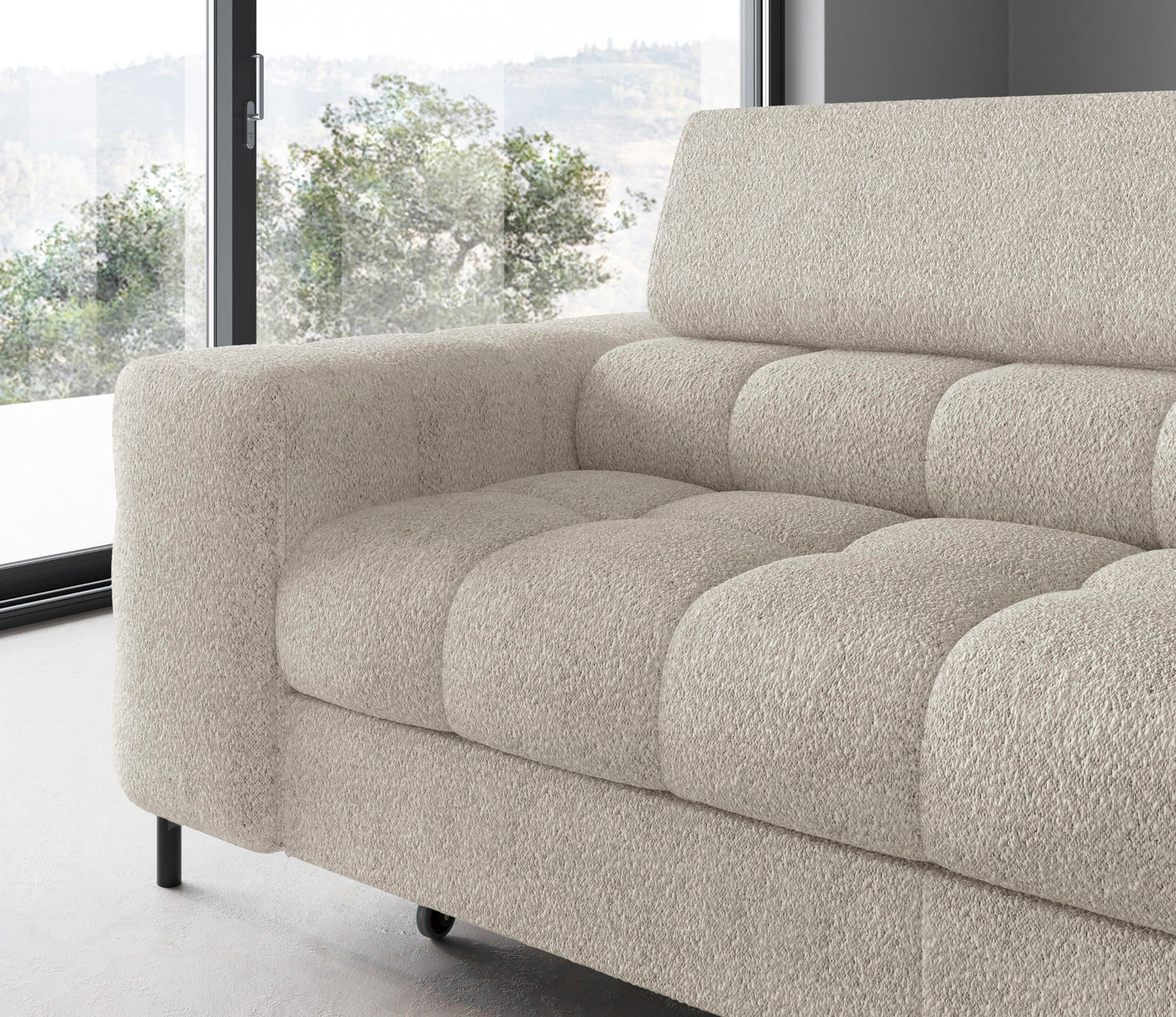 Widok detalu konstrukcyjnego przy oknie, eksponujący solidne wykończenie i prosty styl mebla.