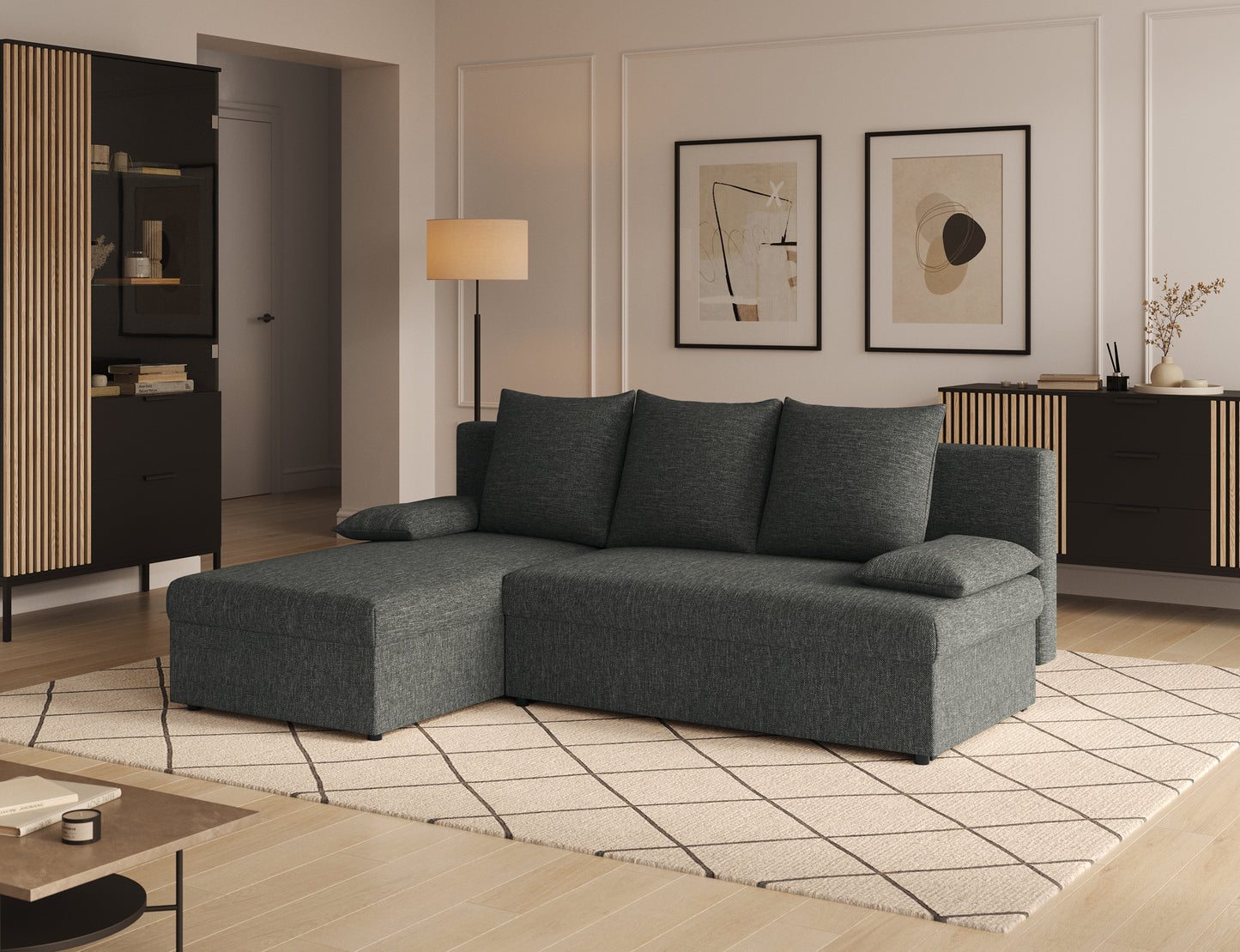 Narożnik Gino uniwersalny Sawana 21 ciemny szary w nowoczesnym wnętrzu, sofa z funkcją spania w minimalistycznym stylu