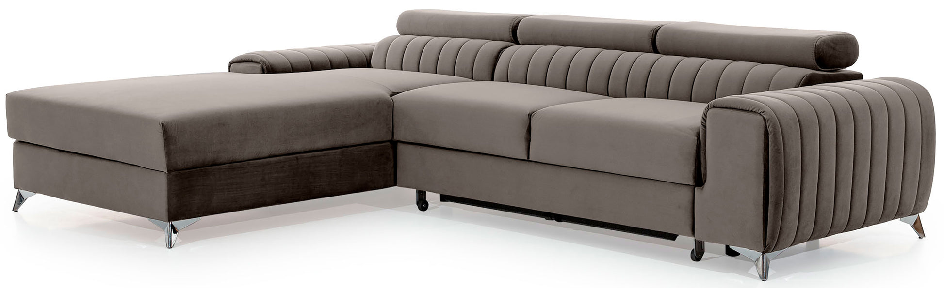 Narożnik Grayson Loco 04 jasnoszary w układzie lewym – widok z boku, ozdobne przeszycia i chromowane nóżki.