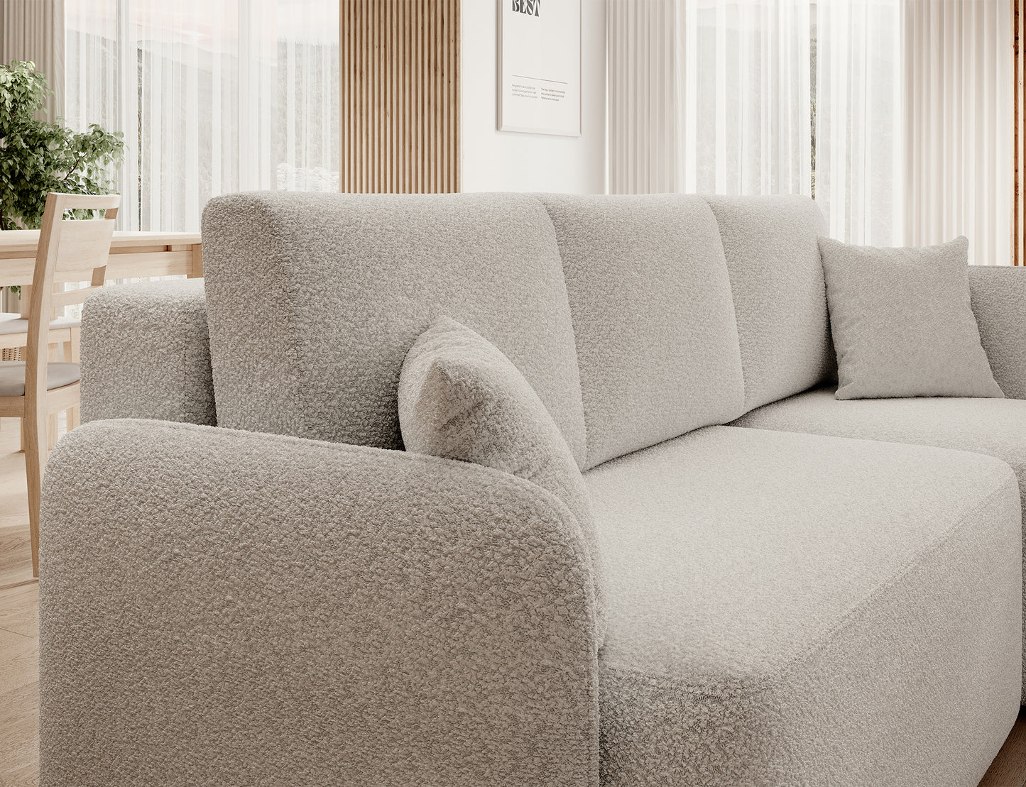 Jasna sofa narożna z miękkimi poduchami – komfortowe wykończenie Home and Garden.