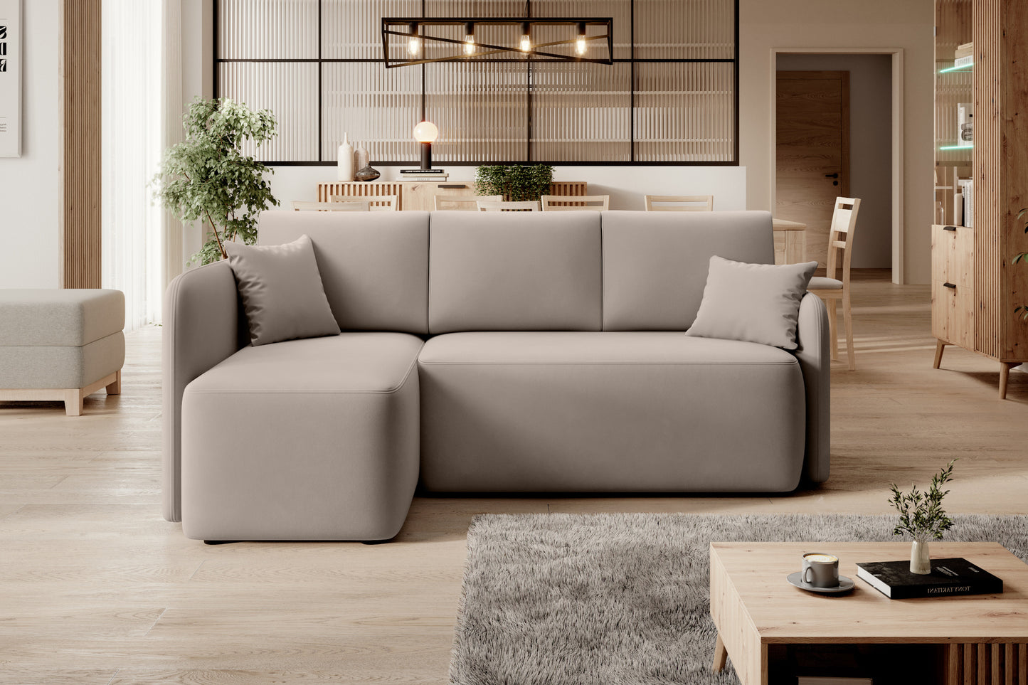 Widok narożnika Hadson jasnobeżowego od frontu, ustawionego w nowoczesnym wnętrzu.