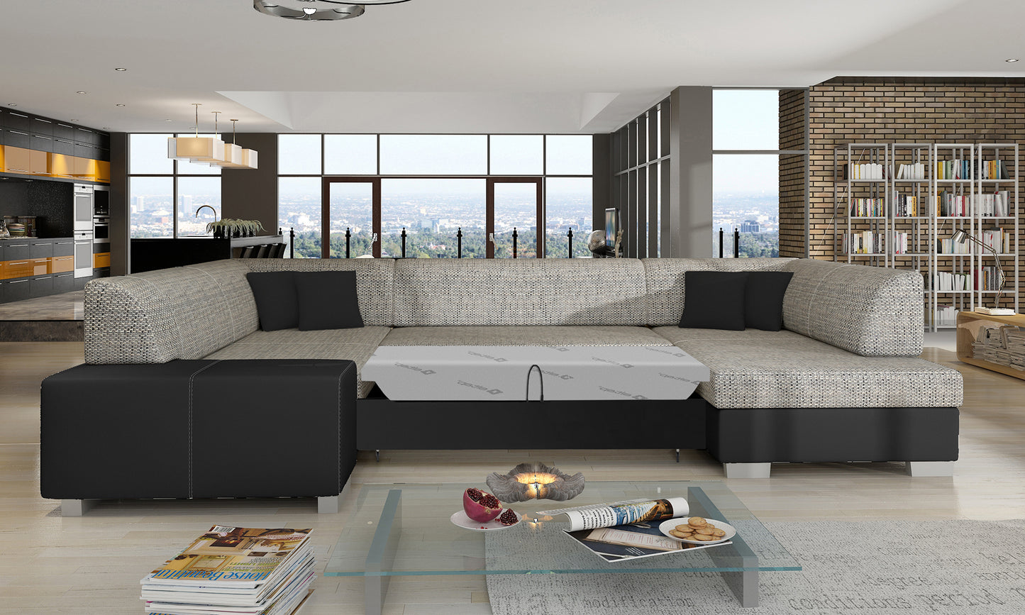 Narożnik Havana Berlin 01 szary Soft 11 czarny w salonie, widok z boku