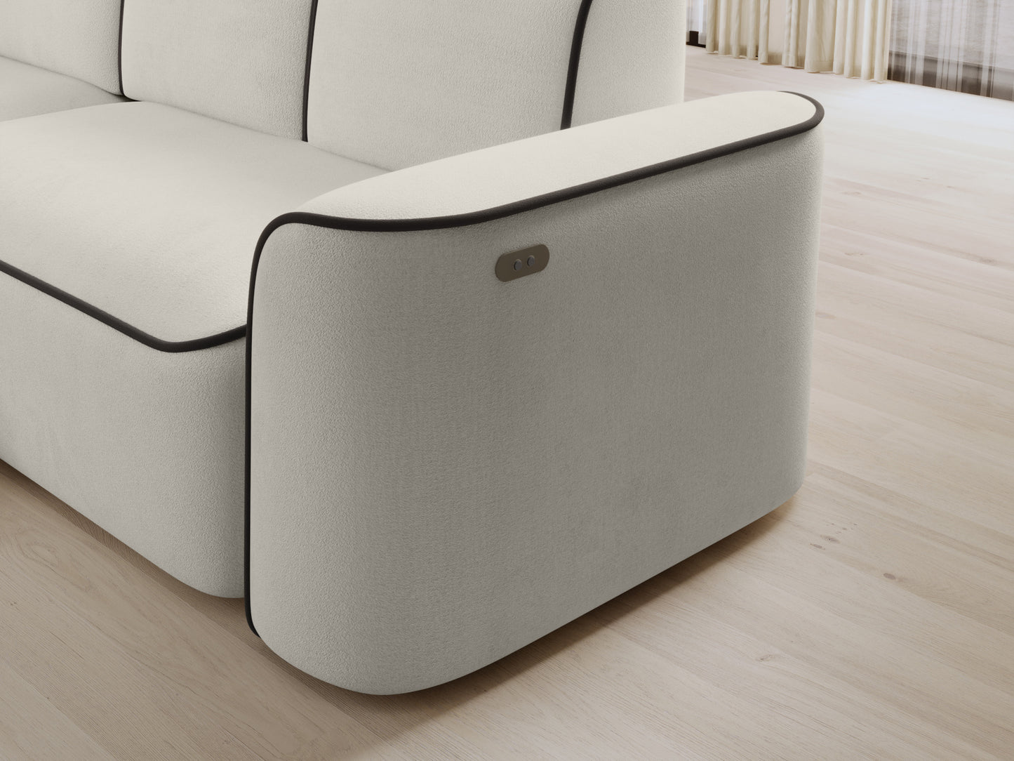 Prawy podłokietnik narożnika Ume Amore 01 jasnobeżowy z lamówką Velvetmat 22 brązową i widocznymi przyciskami sterowania.