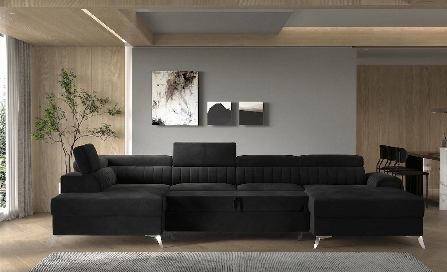 Czarny narożnik Lacante z funkcją spania w tkaninie Loco 10, lewostronny, w nowoczesnym salonie