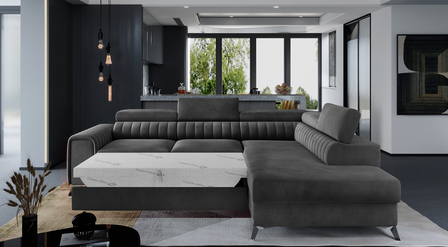 Narożnik Laurence w tkaninie Monolith 97 ciemnoszary, układ prawy, rozłożony z funkcją spania zapewniającą komfortowy wypoczynek.