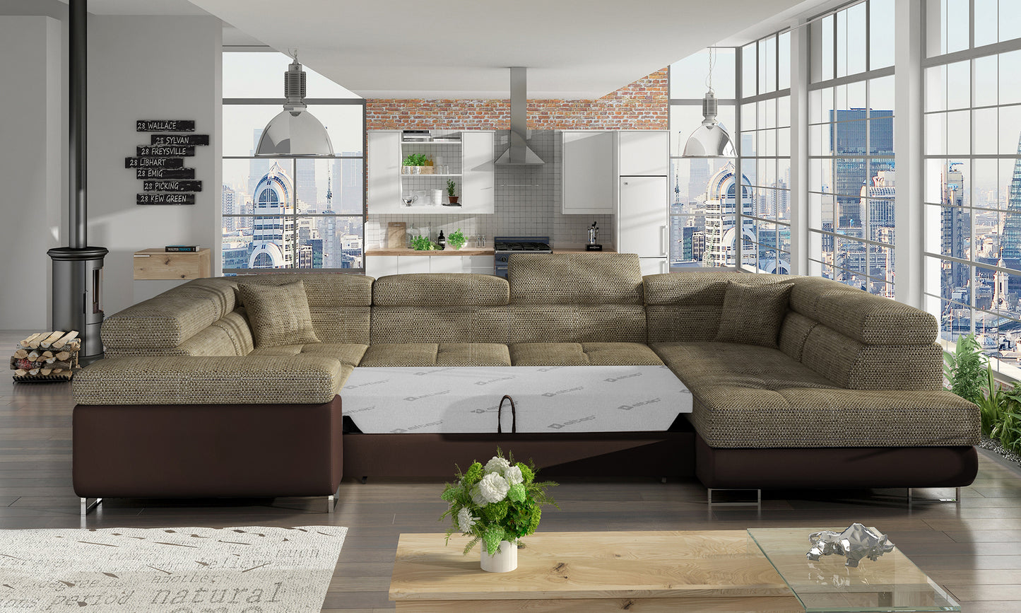 Narożnik Letto modułowy w tkaninie Berlin 03 ciemnobeżowy z podstawą Soft 66 brązowy w eleganckiej aranżacji salonu, widok z prawej strony