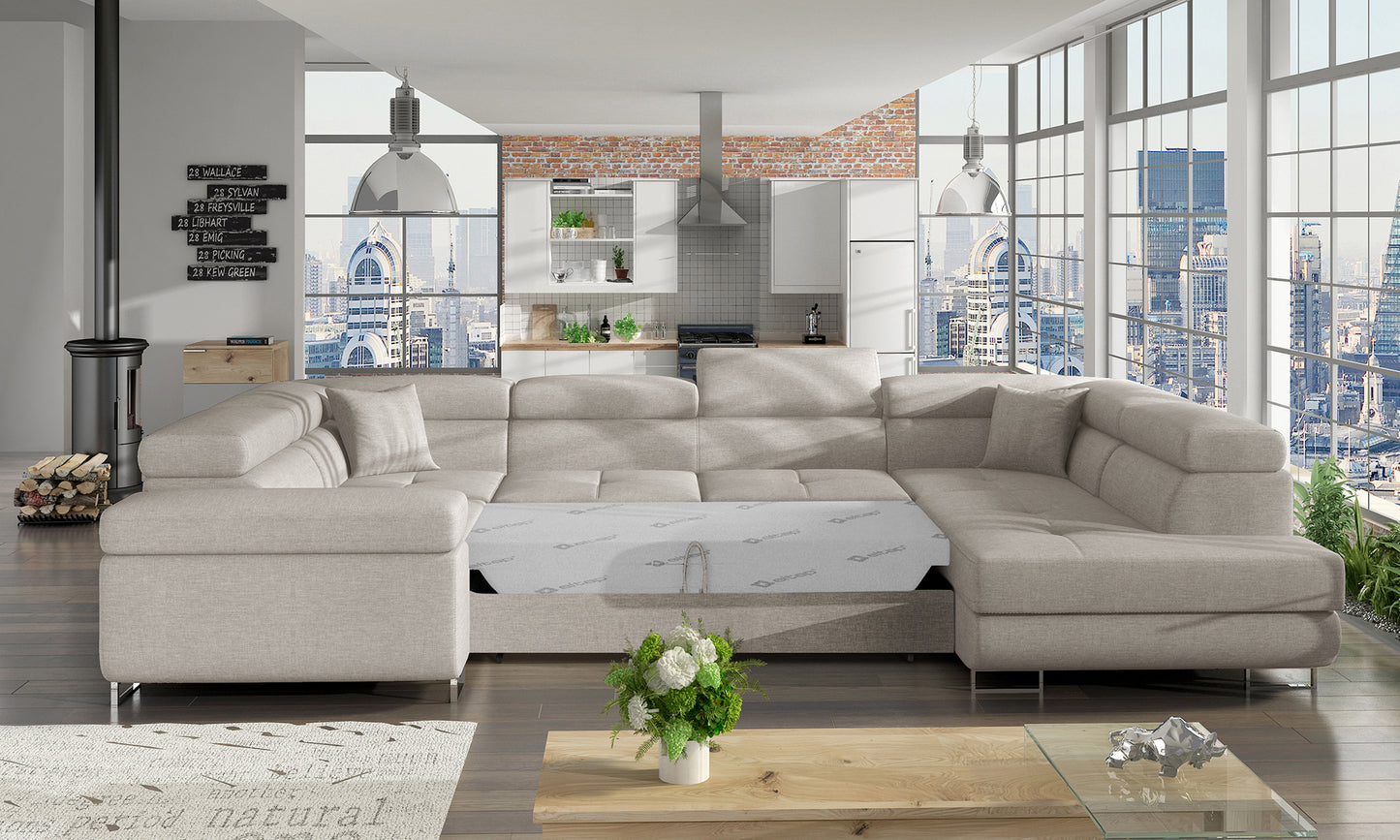 Narożnik Letto modułowy w kolorze jasnoszarym Cover 02 w jasnej aranżacji salonu, widok z prawej strony
