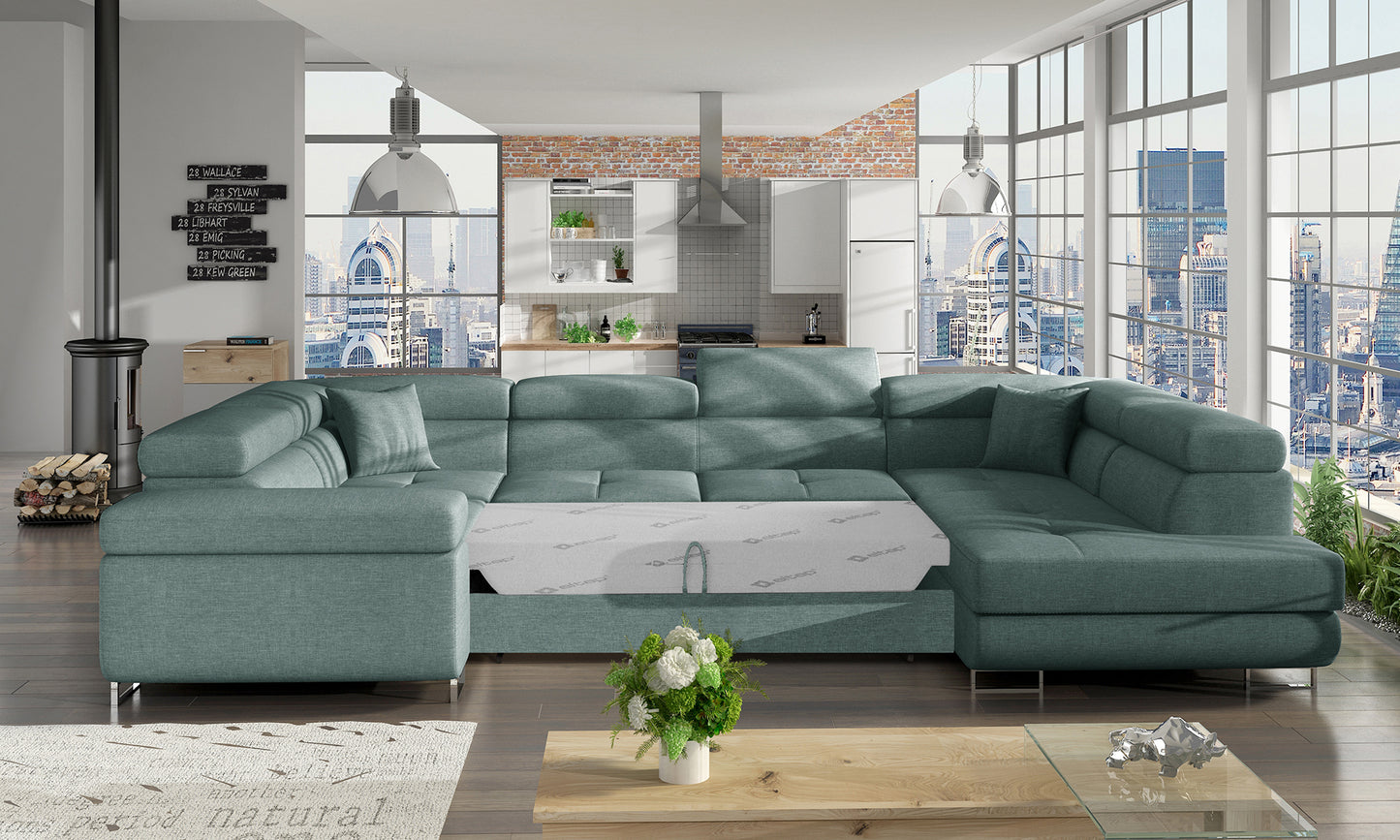Narożnik Letto modułowy w kolorze niebieskim Cover 70 w eleganckiej aranżacji salonu, widok z prawej strony