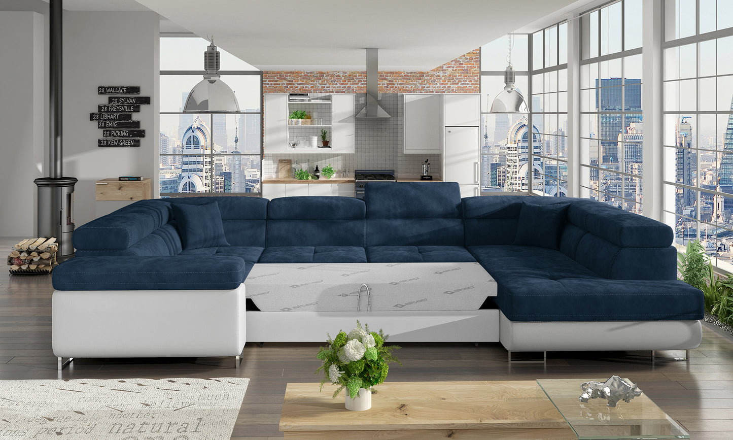 Narożnik Letto modułowy granatowy z białą podstawą Soft 17 w eleganckiej aranżacji salonu, widok z prawej strony