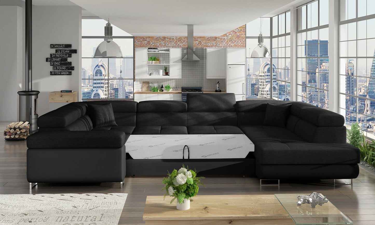 Narożnik Letto modułowy czarny w aranżacji eleganckiego salonu, widok z prawej strony