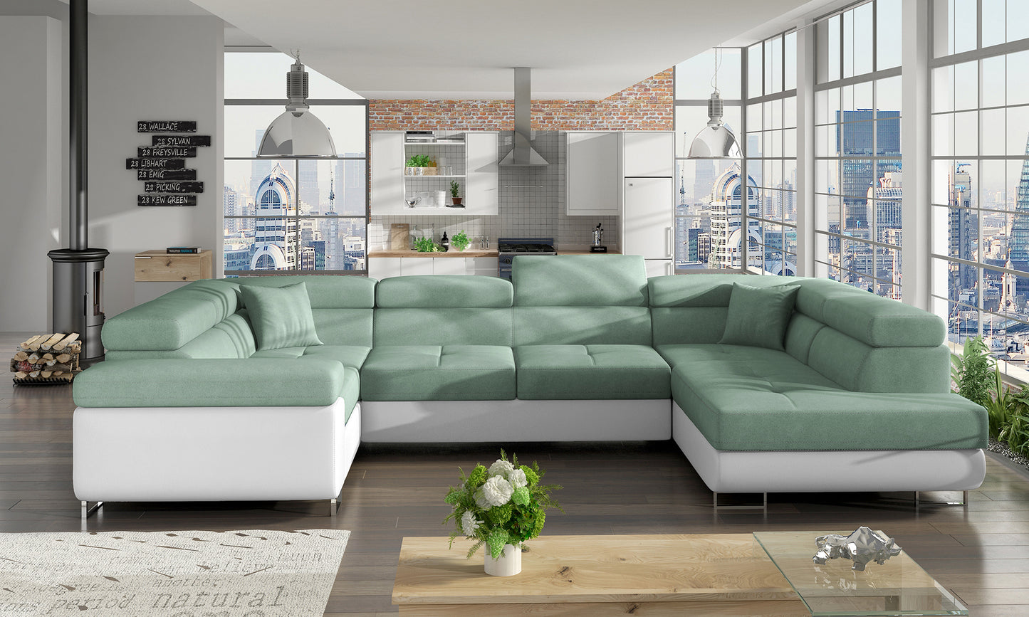 Narożnik Letto modułowy w tkaninie Soro 34 jasnozielony z białą podstawą Soft 17 w nowoczesnym salonie