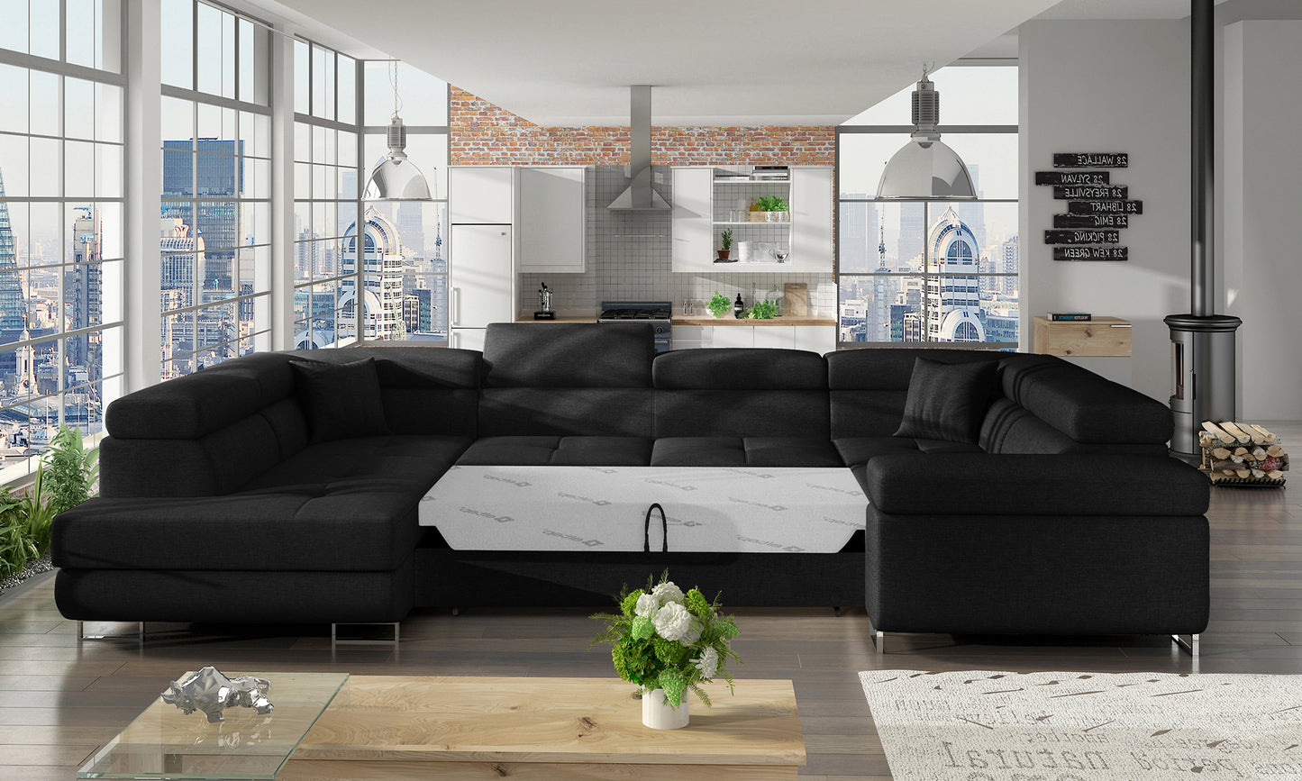 Narożnik Letto Sawana 14 czarny w jasnej, przestronnej aranżacji salonu