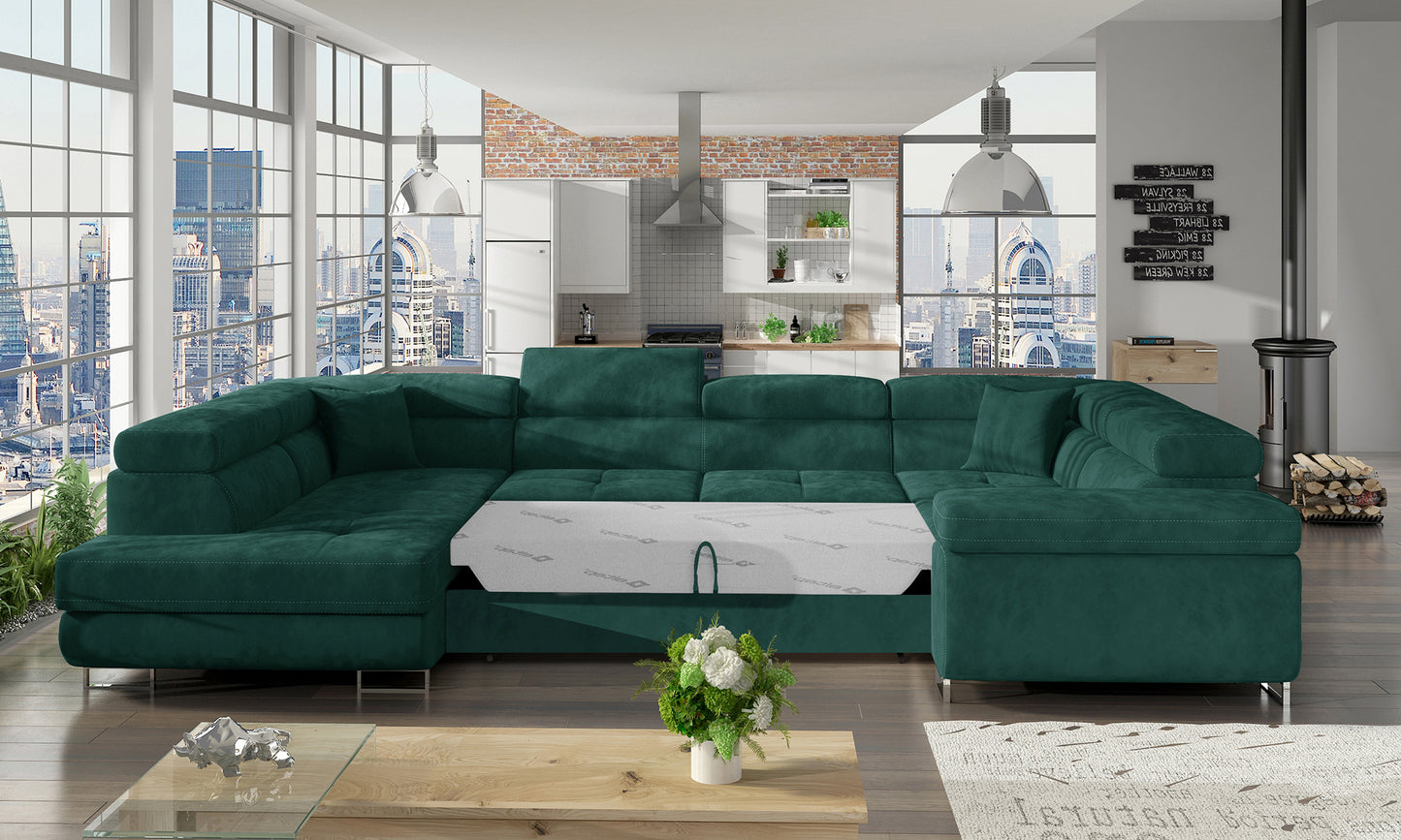 Nowoczesny narożnik Letto w tkaninie Kronos 19 zielony w aranżacji pokoju dziennego