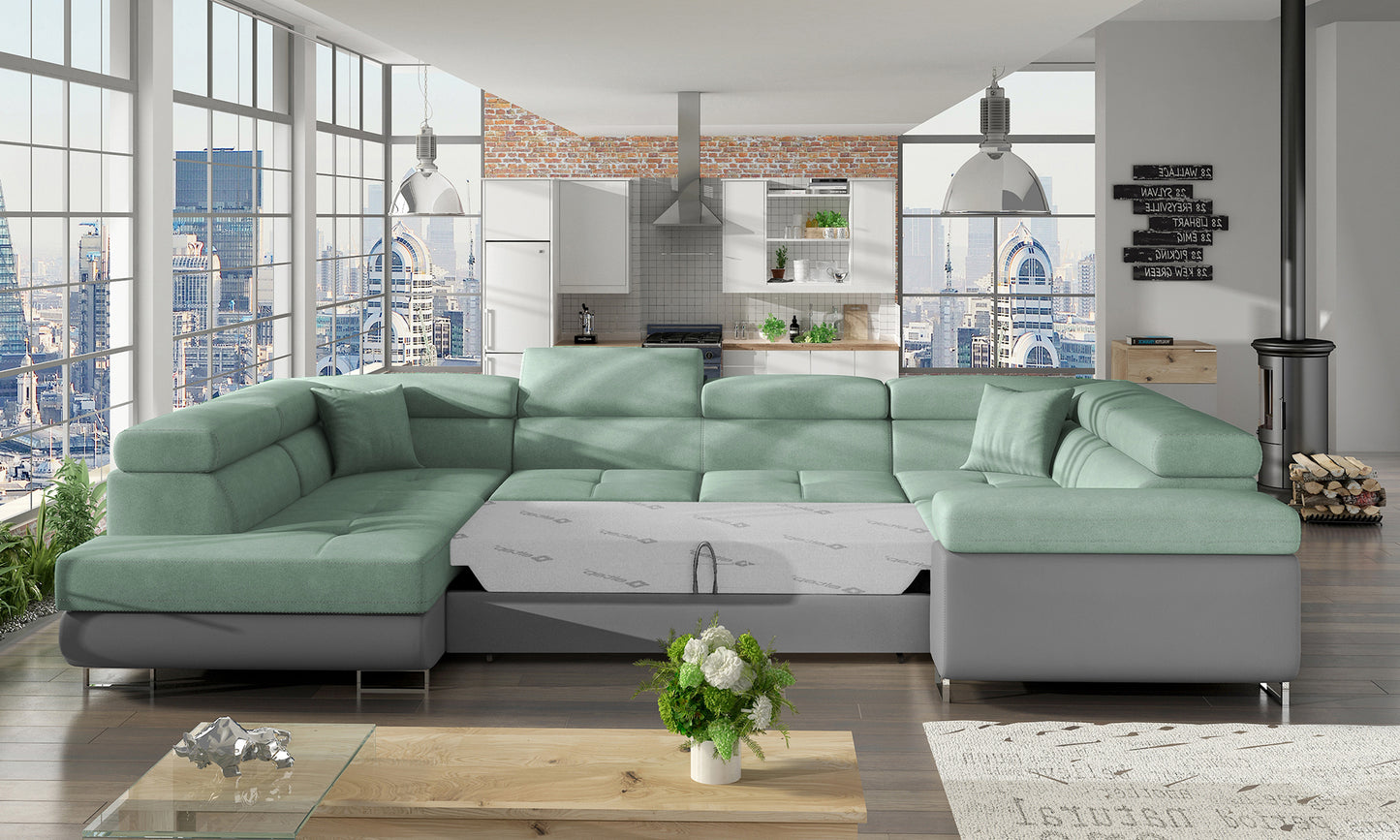 Jasnozielony narożnik Letto Soro 34 z szarymi elementami Soft 29 w przestronnym wnętrzu