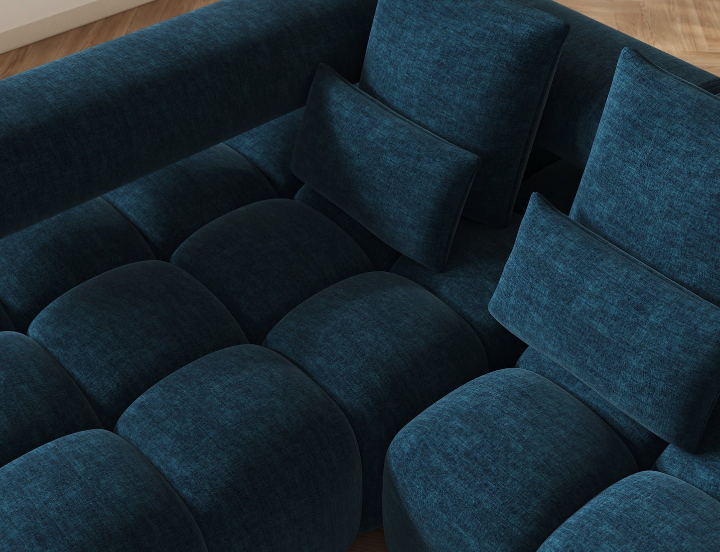 Zbliżenie narożnika Levvi lewy Manhattan 40 granatowy – staranne wykonanie i tkanina o subtelnym połysku w odcieniu granatu.