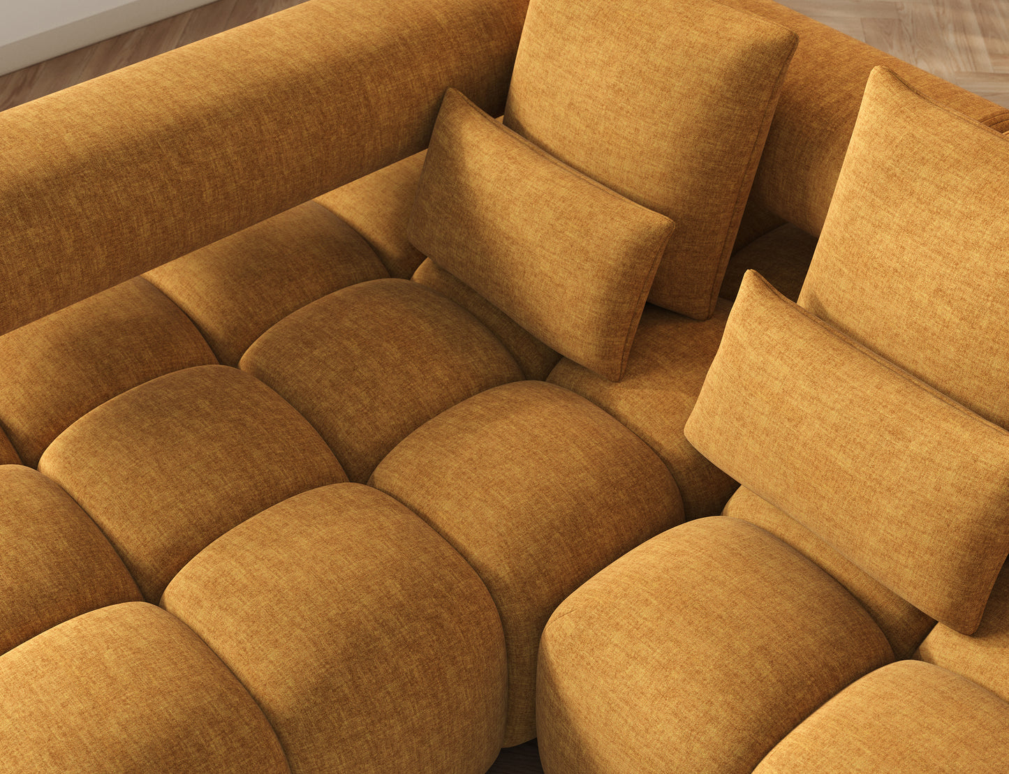 Zbliżenie struktury tkaniny narożnika Levvi lewego Manhattan 45 żółty, pokazujące nowoczesny design i fakturę.