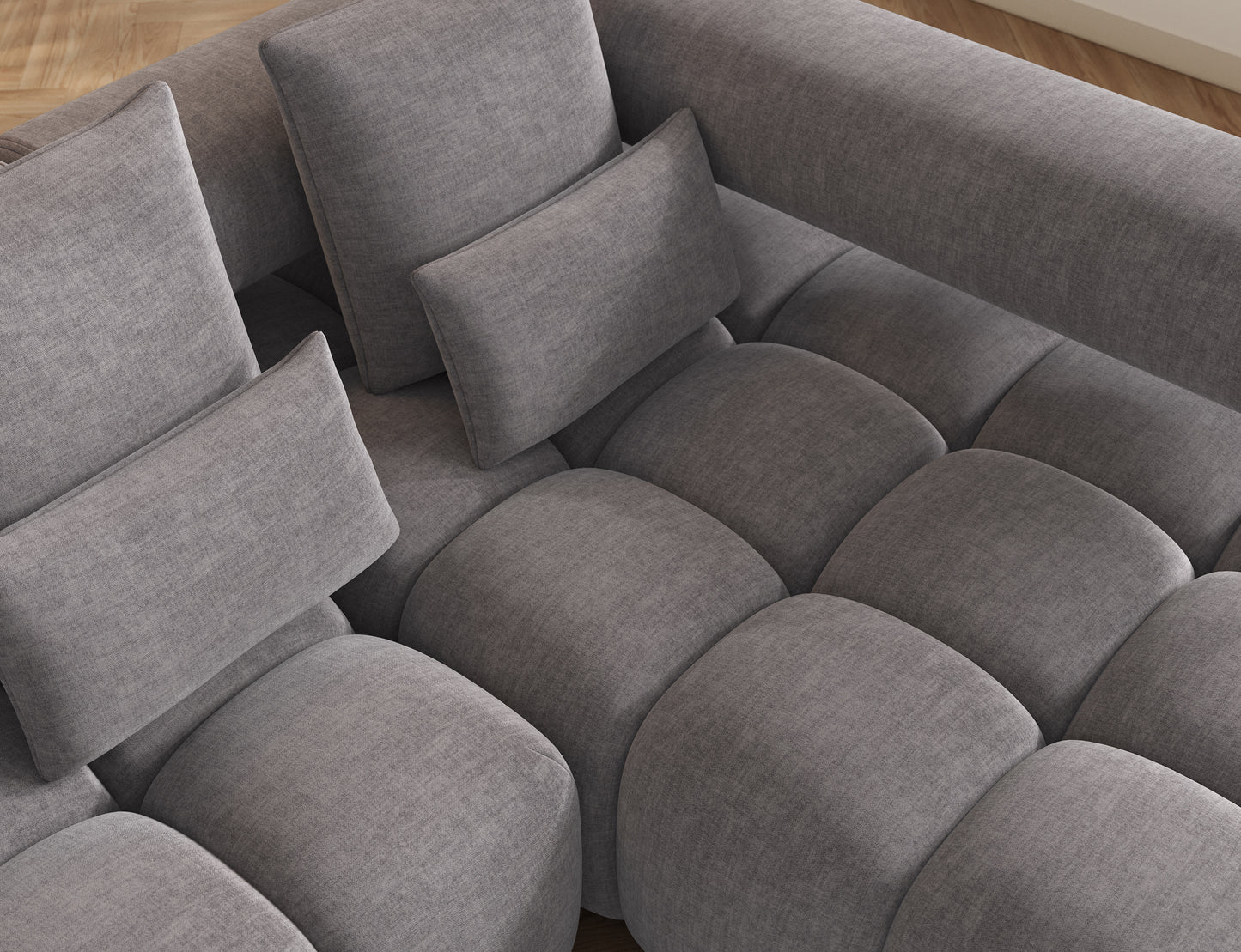 Narożnik Levvi prawy w tkaninie Manhattan 03 jasnoszary – welur easy clean, eleganckie wykończenie, funkcja spania, czarne metalowe nogi