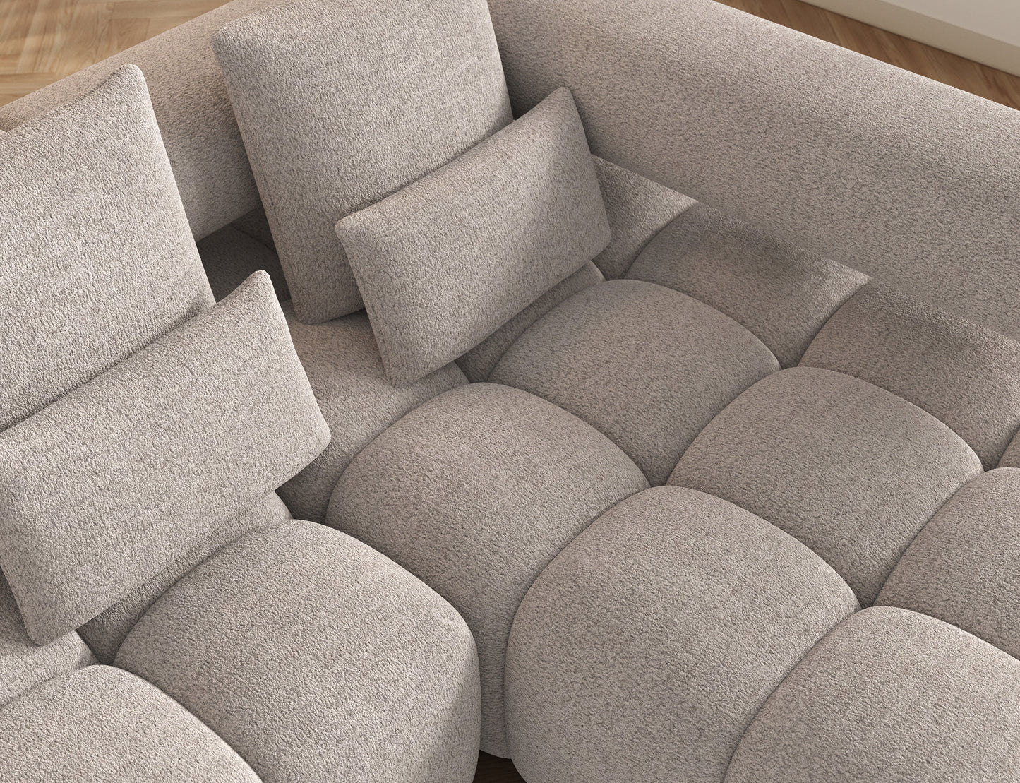 Widok górny na siedzisko narożnika Levvi prawy ELTAP w miękkiej boucle jasnobeżowej, ergonomiczny układ modułów i wygoda