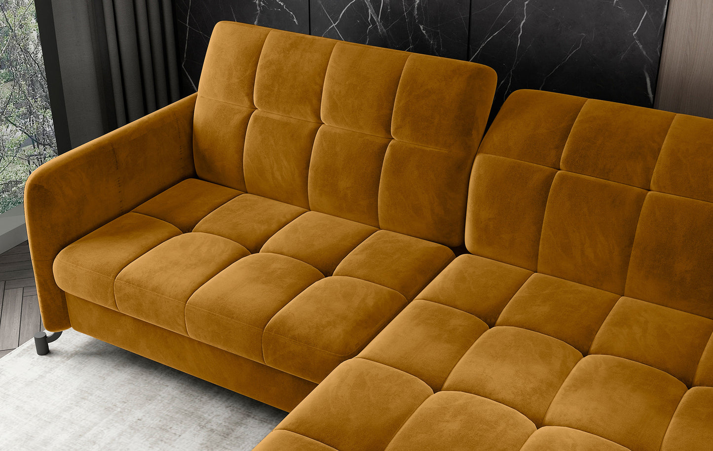 Zbliżenie na oparcie i podłokietnik narożnika Lorelle Monolith 48 żółty w układzie prawym, podkreślające detale wykończenia tkaniny.