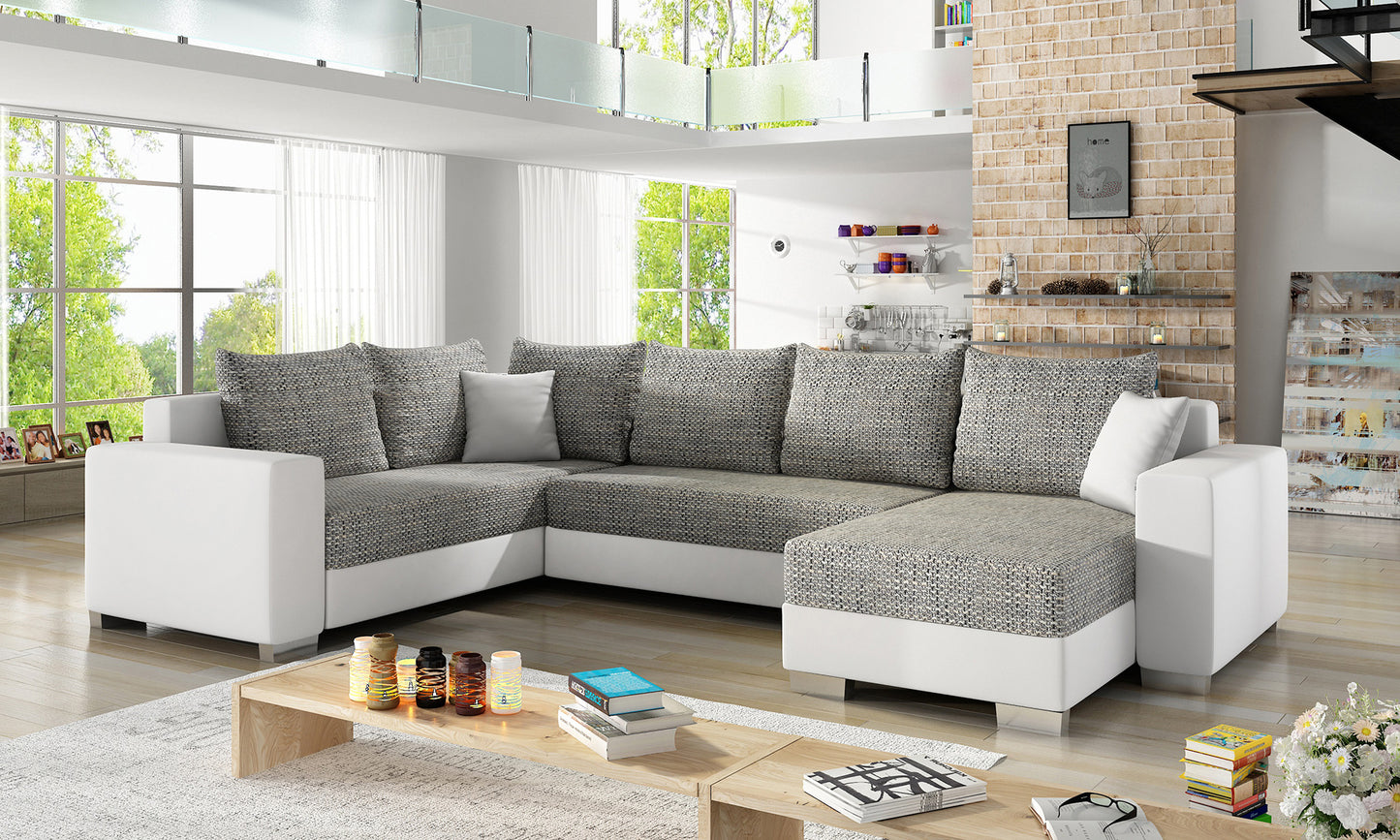 Narożnik Marco Berlin 01 szary z białą podstawą Soft 17 ustawiony w jasnym, nowoczesnym salonie