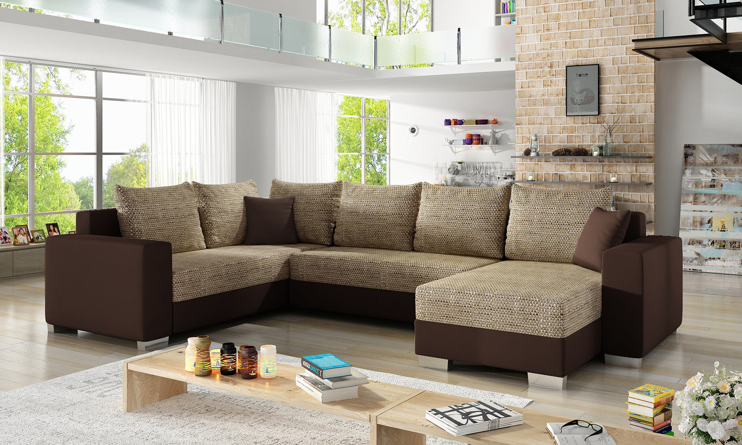 Narożnik Marco Berlin 03 ciemnobeżowy z elementami Soft 66 brązowy, ustawiony w ciepłym, przytulnym salonie
