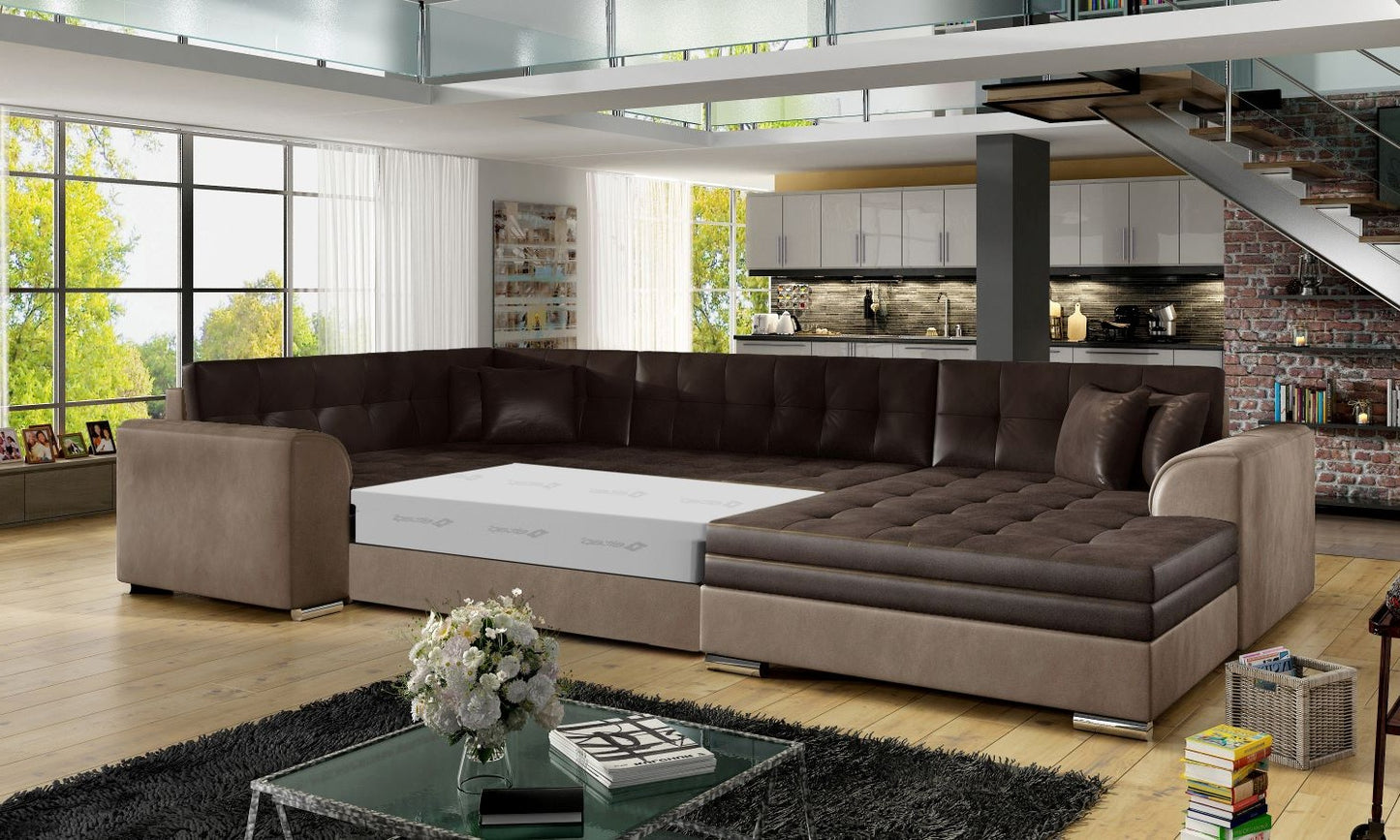 Narożnik Damario w kolorze brązowym i jasnobrązowym z rozłożoną funkcją spania, prezentacja przestronnej powierzchni do komfortowego odpoczynku.