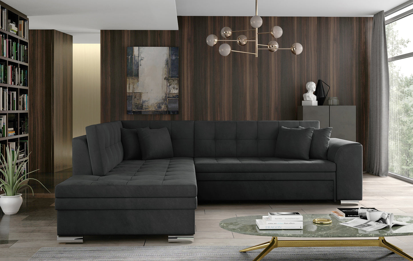 Ciemnoszary narożnik Pieretta lewy w tkaninie Paros 06 to komfortowy mebel do salonu, który łączy nowoczesny design z funkcjonalnością i stanowi idealne miejsce do codziennego wypoczynku.