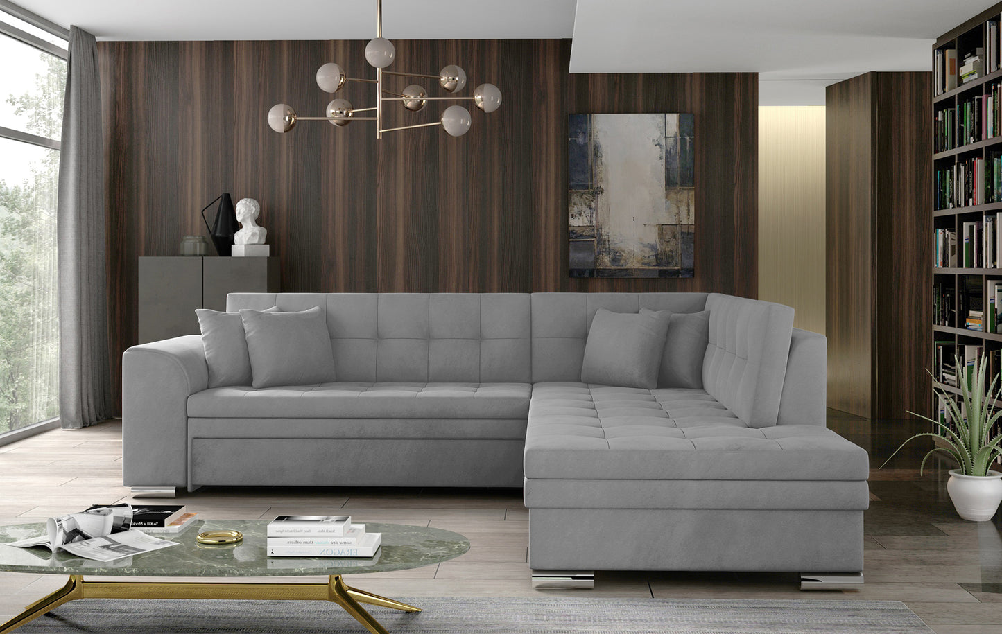 Jasnoszary narożnik Pieretta w tkaninie Paros 05 to wygodny mebel do salonu, który łączy nowoczesny design z praktycznością i tworzy przyjazne miejsce do codziennego wypoczynku dla całej rodziny.