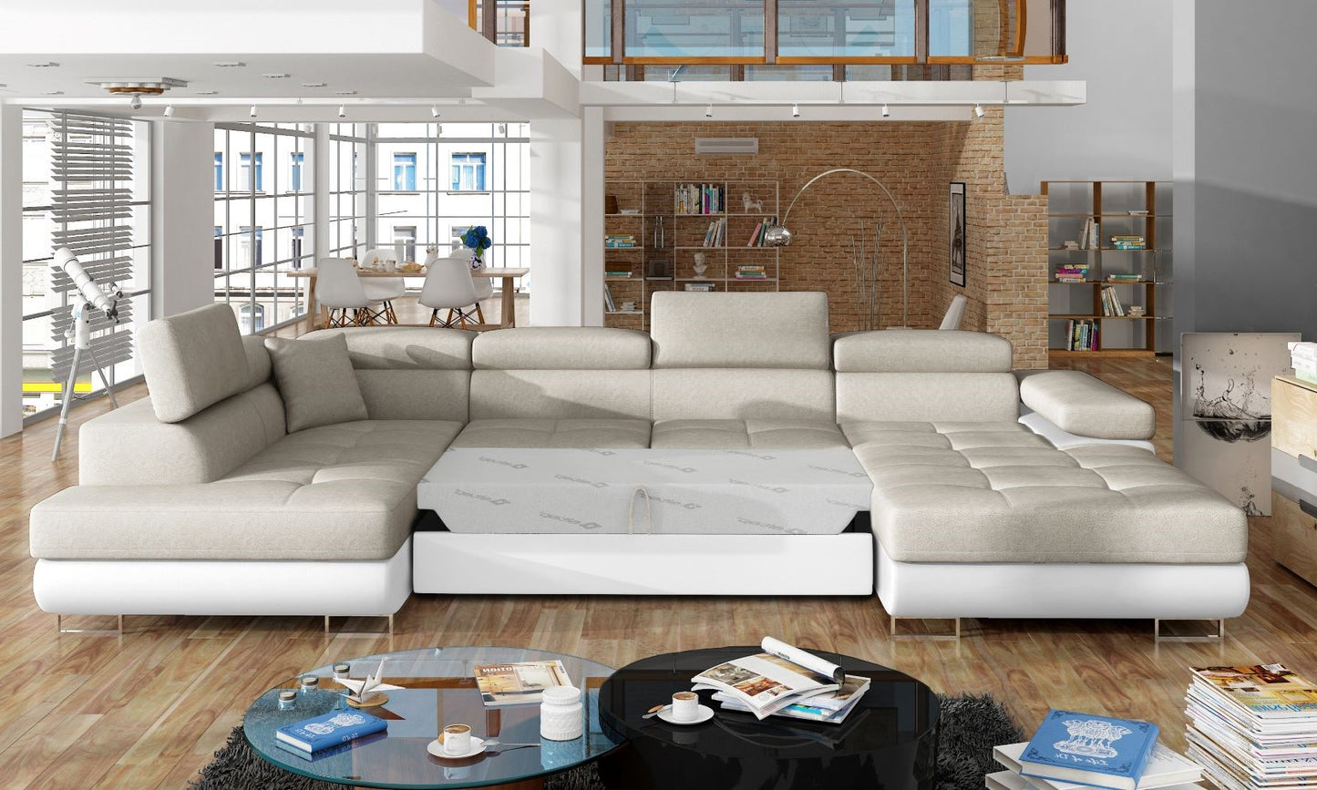 Narożnik Rodrigo Dora 21 beżowy / Soft 17 w układzie lewym z rozłożoną funkcją spania w jasnym salonie.