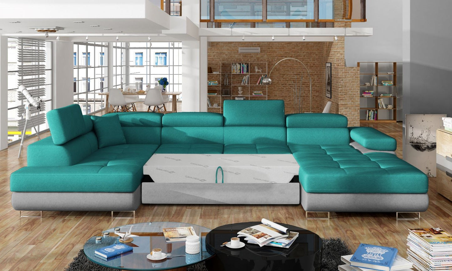 Narożnik Rodrigo Dora 85 zielony / Dora 90 w układzie lewym z rozłożoną funkcją spania w jasnym salonie.