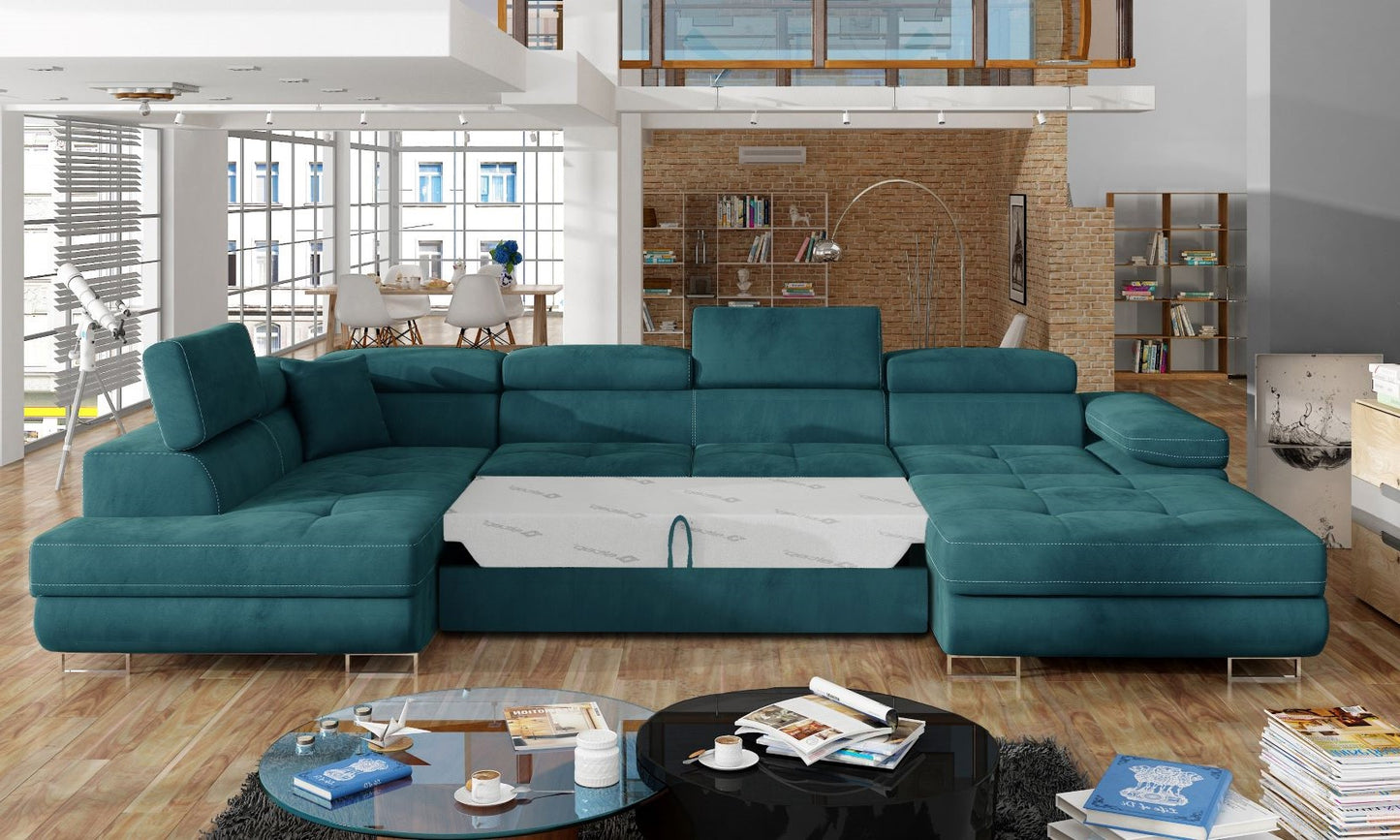 Narożnik Rodrigo MatVelvet 75 zielony / Velvet 75 w układzie lewym z rozłożoną funkcją spania w jasnym salonie.