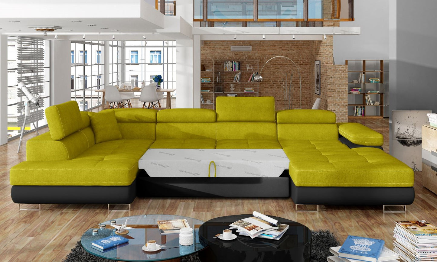 Narożnik Rodrigo Omega 68 żółty / Soft 11 w układzie lewym z rozłożoną funkcją spania w jasnym salonie.