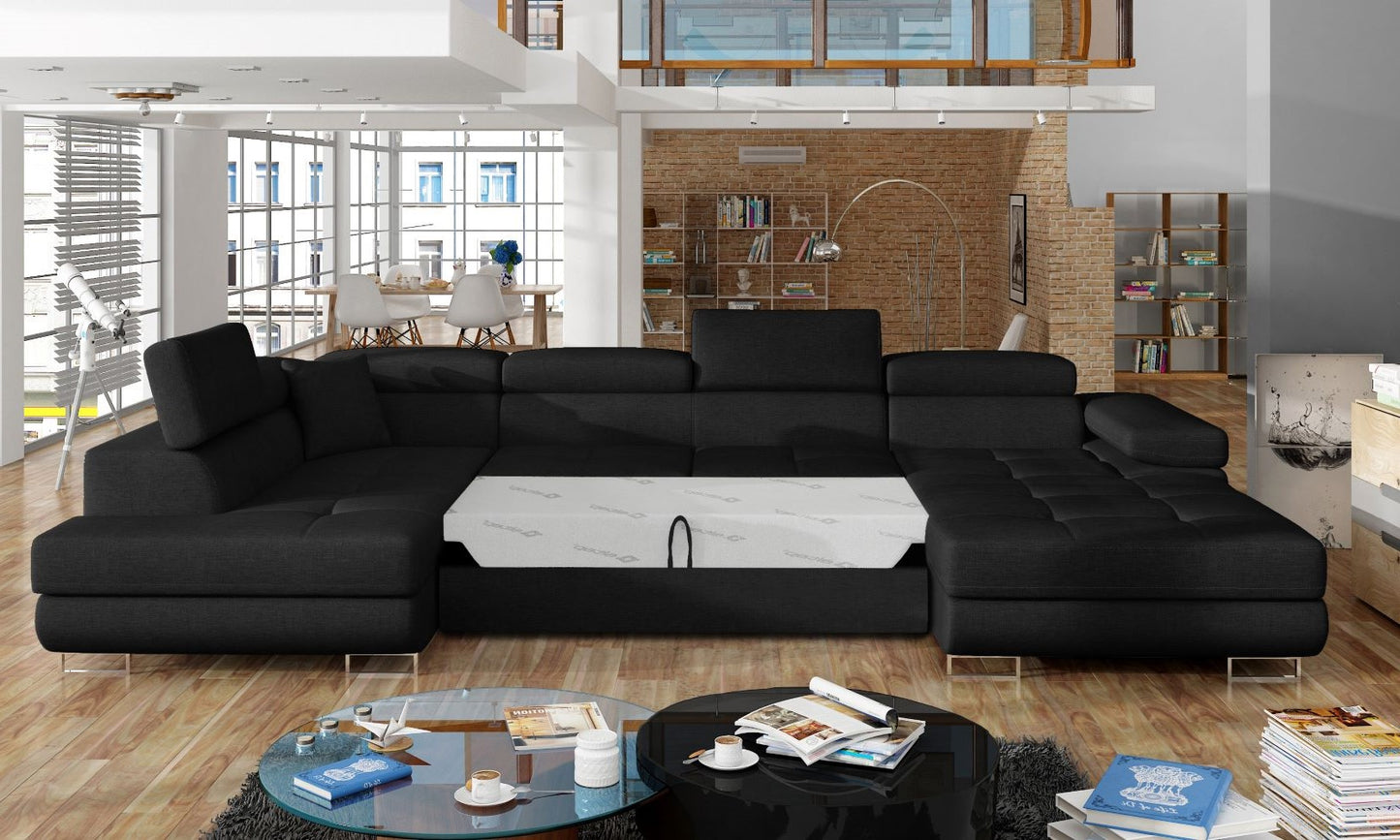 Narożnik Rodrigo Sawana 14 czarny w układzie lewym z rozłożoną funkcją spania w jasnym salonie.