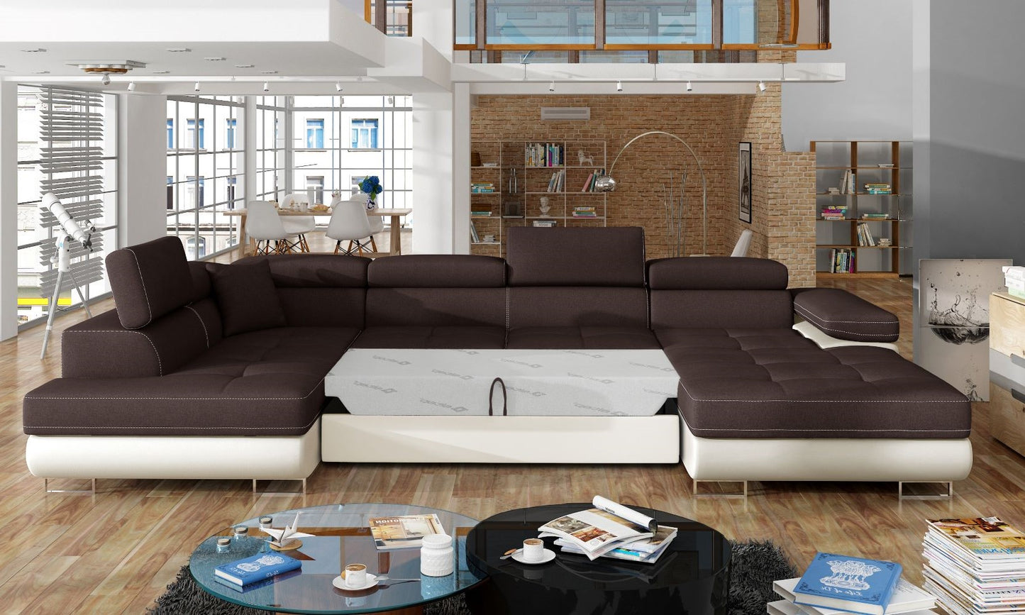 Narożnik Rodrigo Sawana 26 brązowy / Soft 33 w układzie lewym z rozłożoną funkcją spania w jasnym salonie.