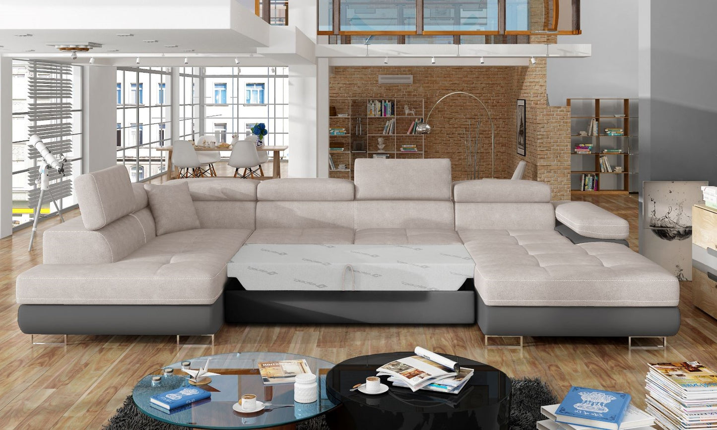 Narożnik Rodrigo Soro 83 jasnoszary / Soft 29 w układzie lewym z rozłożoną funkcją spania w jasnym salonie.