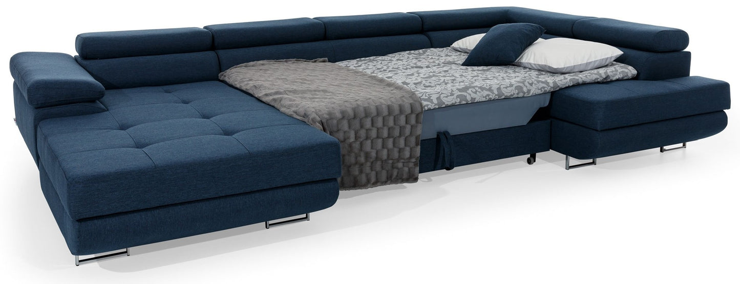 Narożnik Rodrigo Inari 80 granatowy w układzie prawym z rozłożoną funkcją spania.