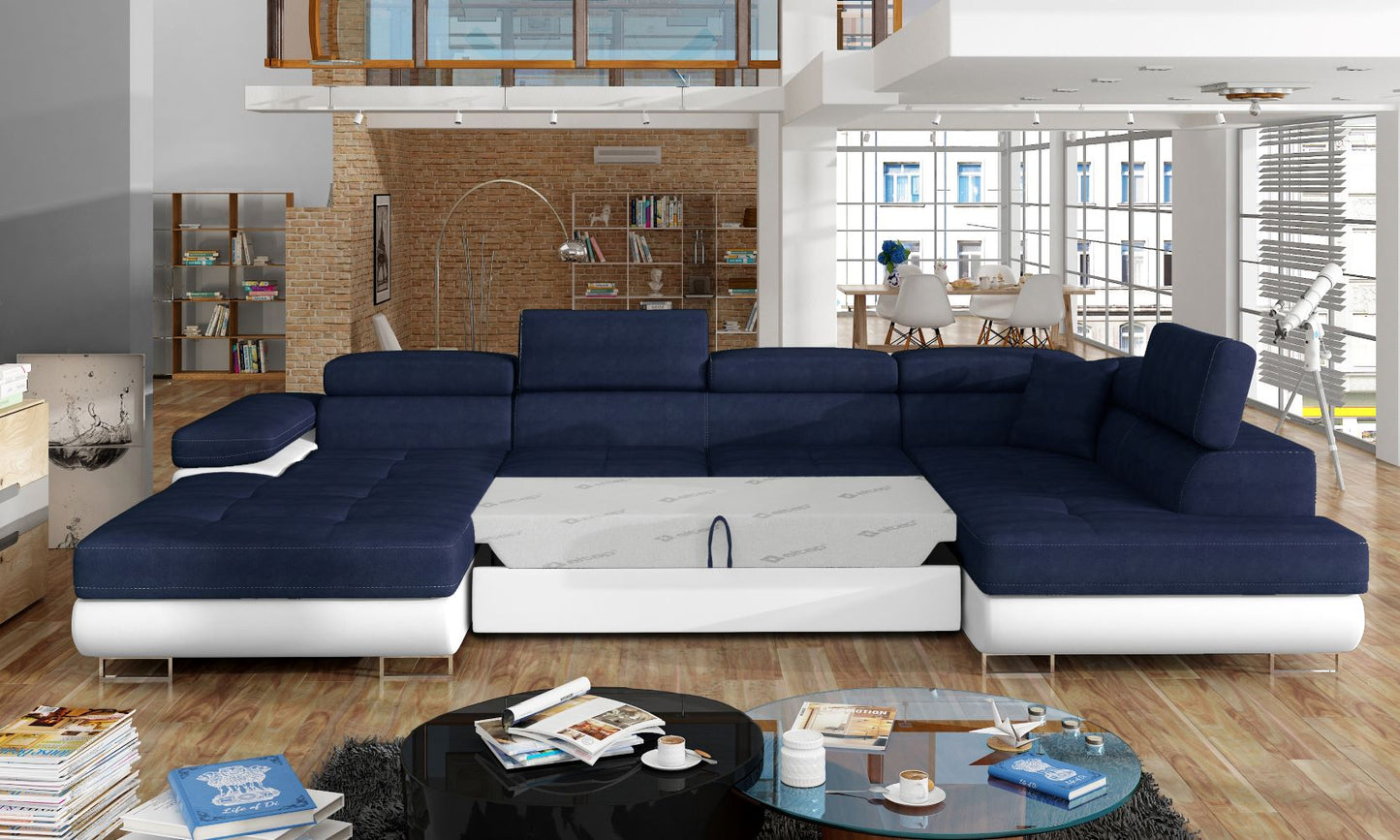 Narożnik Rodrigo Kronos 09 granatowy / Soft 17 w układzie prawym z rozłożoną funkcją spania w jasnym salonie.