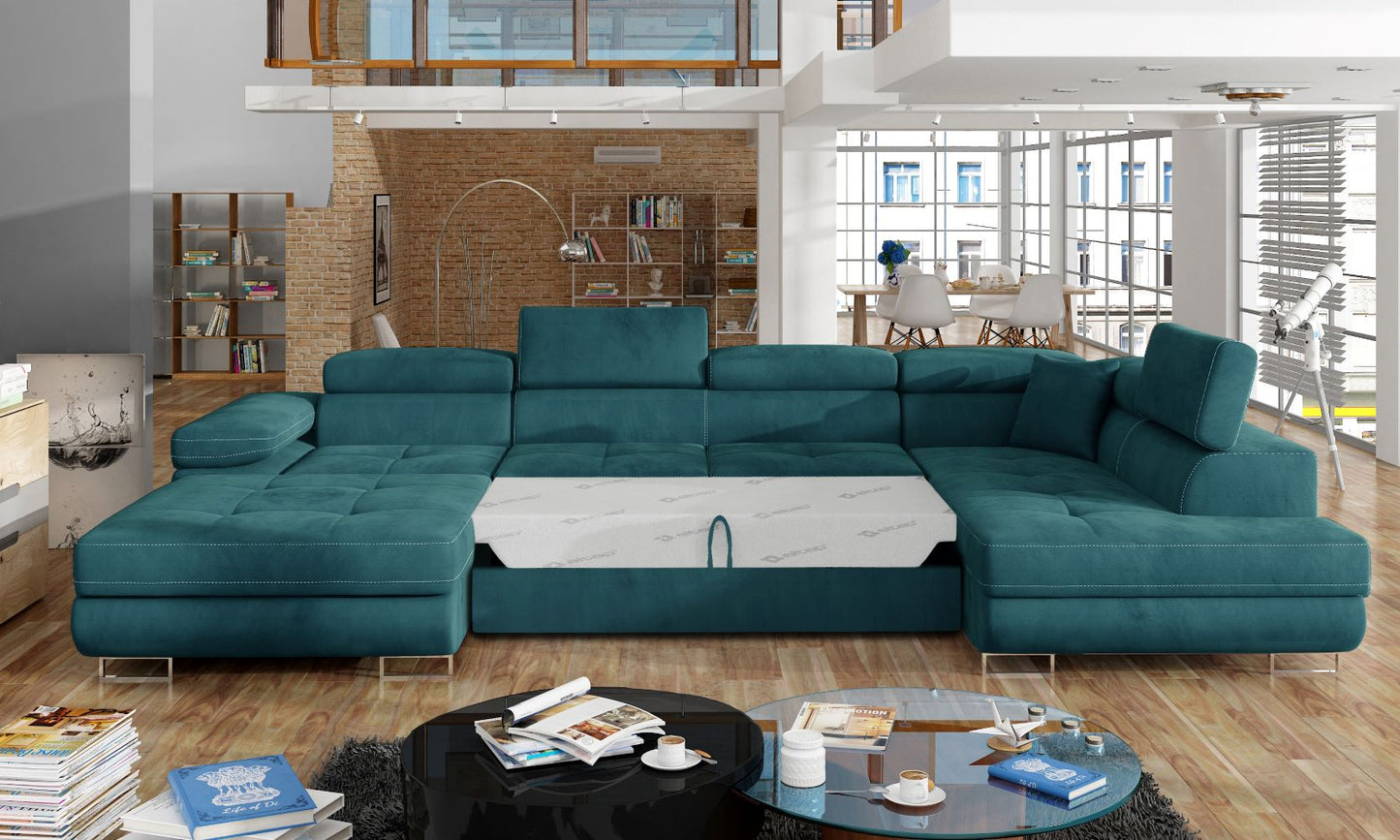 Narożnik Rodrigo MatVelvet 75 zielony / Velvet 75 w układzie prawym z rozłożoną funkcją spania w jasnym salonie.