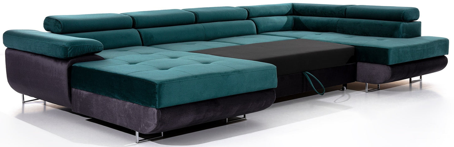 Narożnik Rodrigo Monolith 37 zielony / Monolith 97 ciemnoszary w układzie prawym z rozłożoną funkcją spania.