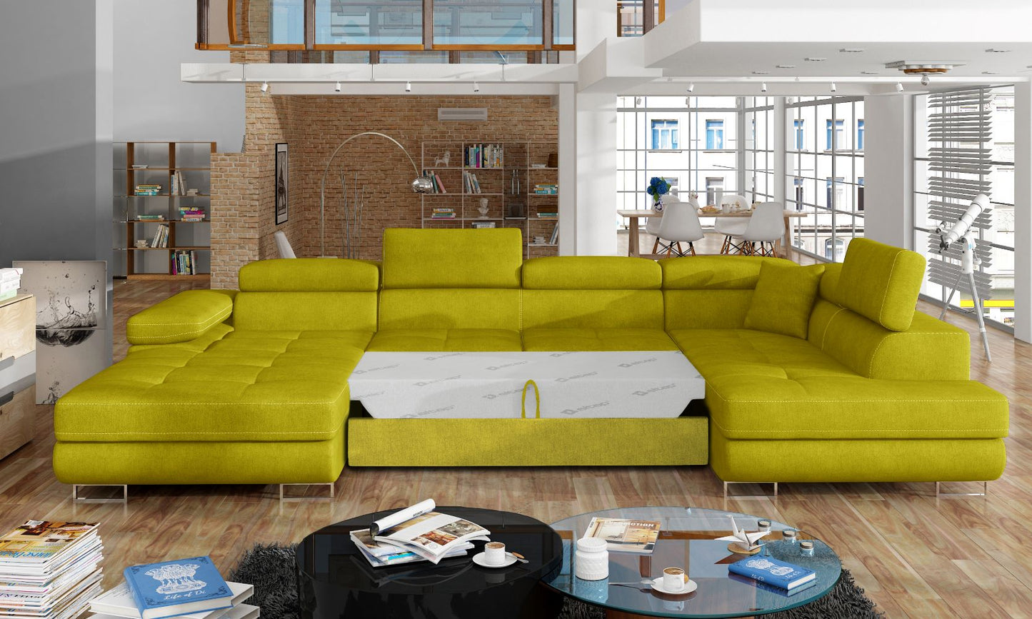 Narożnik Rodrigo Omega 68 żółty w układzie prawym z rozłożoną funkcją spania w jasnym salonie.