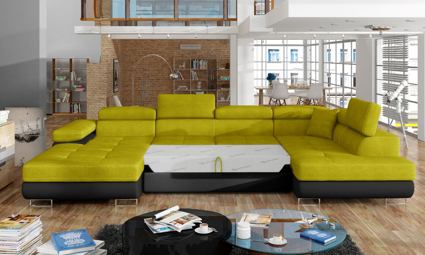 Narożnik Rodrigo Omega 68 żółty / Soft 11 w układzie prawym z rozłożoną funkcją spania w jasnym salonie.