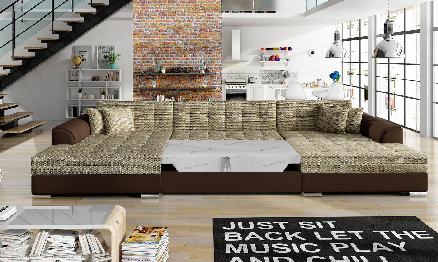 Narożnik Vento – Berlin 03 ciemnobeżowy, Soft 66, rozłożony do funkcji spania.